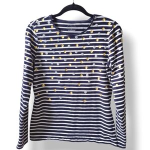 Talbots Navy Blue and White Striped Long Sleeve Top Striped Polka Dot Medium